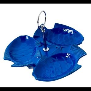 3 Fish Navy Blue Serving Tray Nautical Seashore
